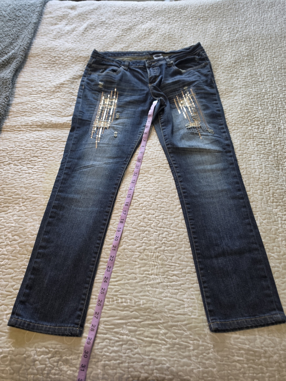 Revolution Dark Blue Straight Leg Jeans with Gold Sequin Embellishments